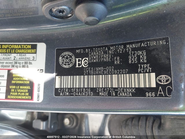 Aukcja sprzedaży 2014 Toyota Corolla L/le/le Pls/prm/s/s Pls, vin: 2T1BURHE9EC092207, numer aukcji: 40057512