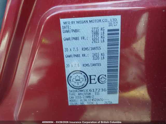 5N1DR2MM5JC617230 Nissan Pathfinder S/sv/sl/platinum