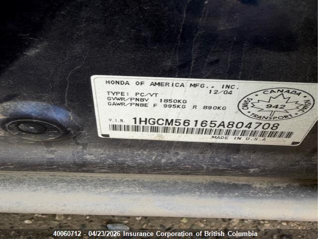 Aukcja sprzedaży 2005 Honda Accord Dx, vin: 1HGCM56165A804708, numer aukcji: 40060712