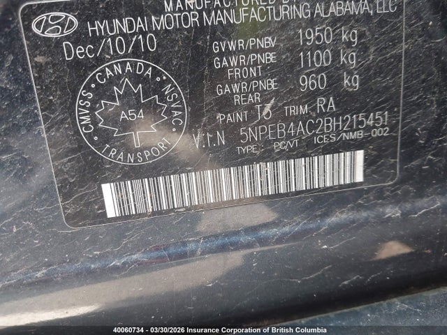 Aukcja sprzedaży 2011 Hyundai Sonata Gls, vin: 5NPEB4AC2BH215451, numer aukcji: 40060734