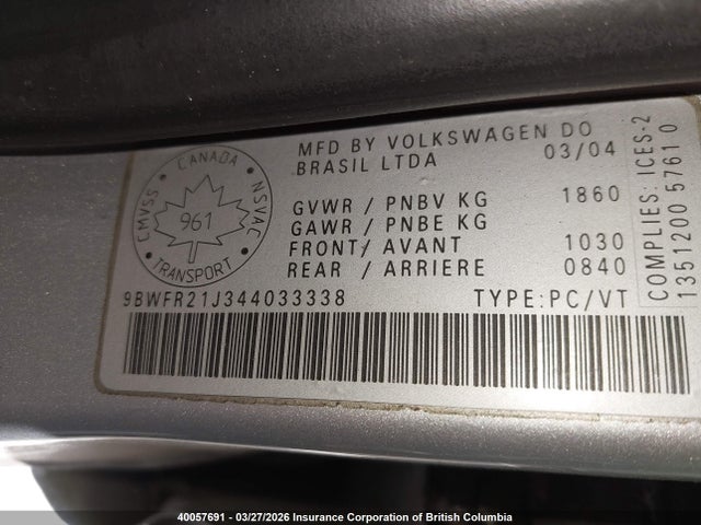 Продажа на аукционе авто 2004 Volkswagen Golf Gl Tdi, vin: 9BWFR21J344033338, номер лота: 40057691