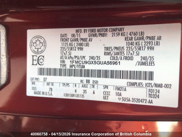 1FMCU9GX5GUA56961 Ford ESCAPE SE