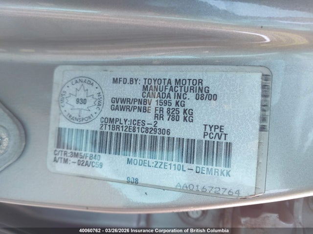 40060762 :رقم المزاد ، 2T1BR12E81C829306 vin ، 2001 Toyota Corolla Ce/le/s مزاد بيع
