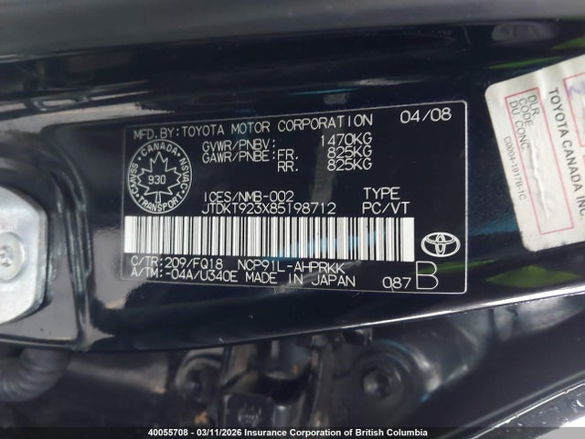 Aukcja sprzedaży 2008 Toyota Yaris, vin: JTDKT923X85198712, numer aukcji: 40055708