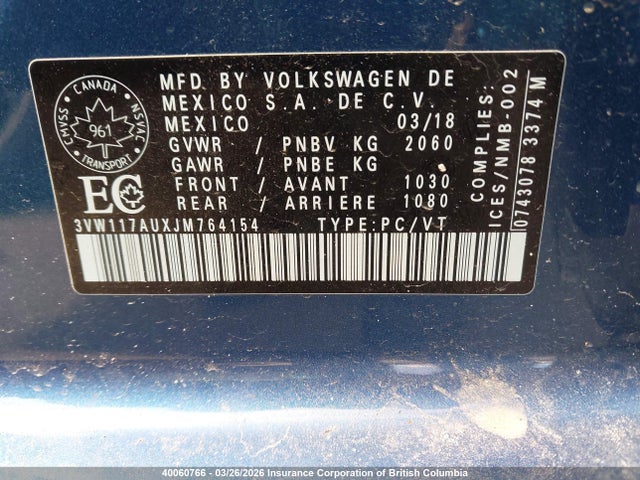 3VW117AUXJM764154 Volkswagen Golf