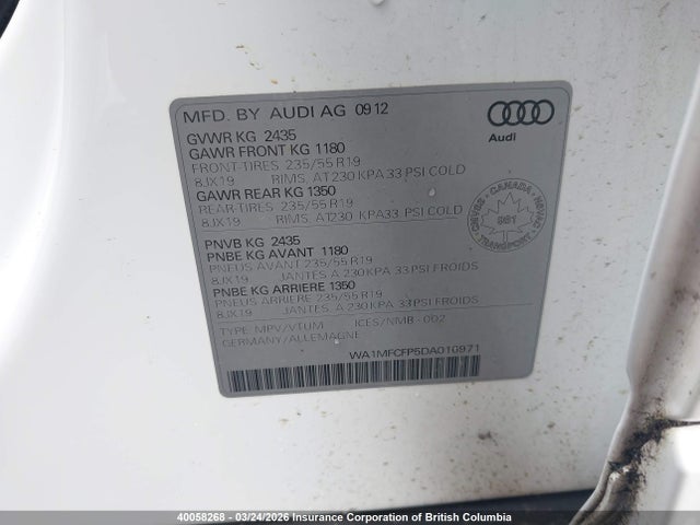 Продажа на аукционе авто 2013 Audi Q5 Premium, vin: WA1MFCFP5DA016971, номер лота: 40058268
