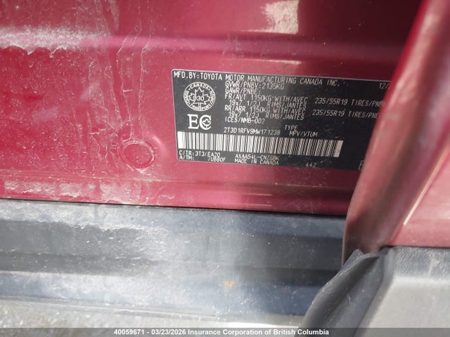 40059671 :رقم المزاد ، 2T3D1RFV9MW171238 vin ، 2021 Toyota Rav4 Limited مزاد بيع