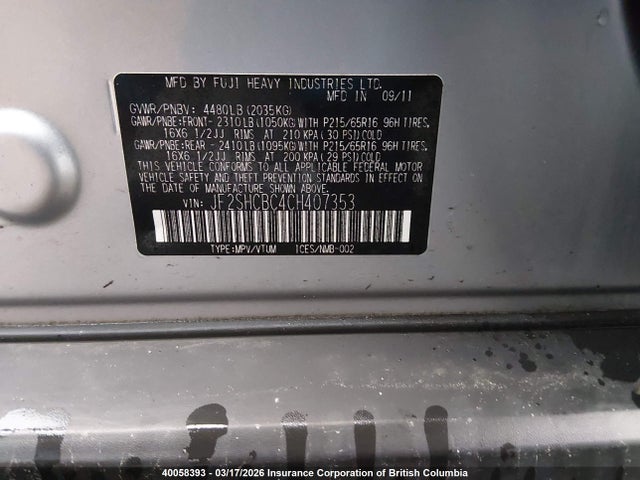 40058393 :رقم المزاد ، JF2SHCBC4CH407353 vin ، 2012 Subaru Forester 2.5x مزاد بيع