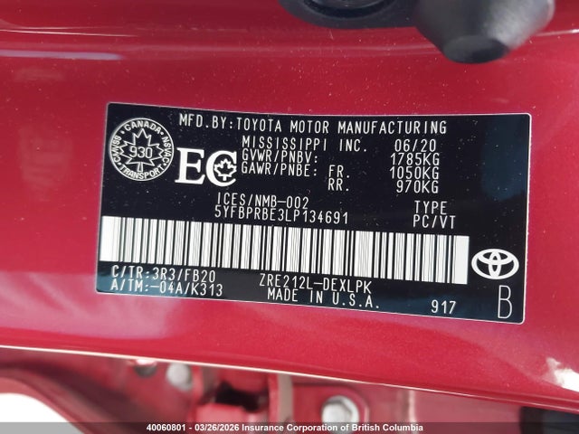40060801 :رقم المزاد ، 5YFBPRBE3LP134691 vin ، 2020 Toyota Corolla Le مزاد بيع