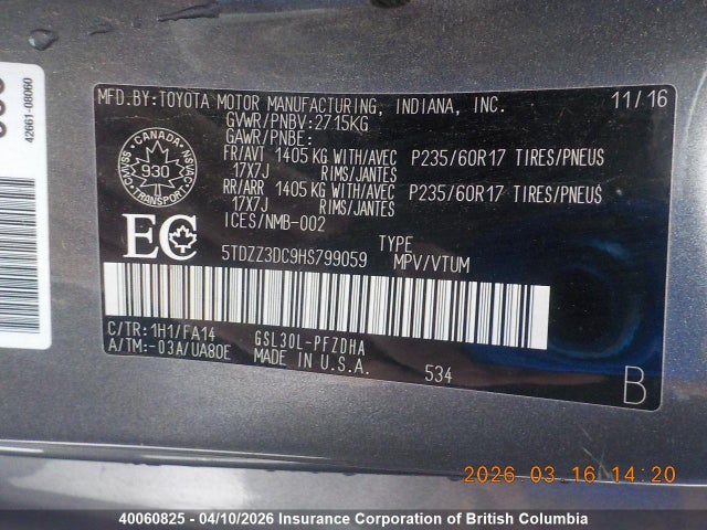 2017 Toyota Sienna მანქანა იყიდება აუქციონზე, vin: 5TDZZ3DC9HS799059, აუქციონის ნომერი: 40060825