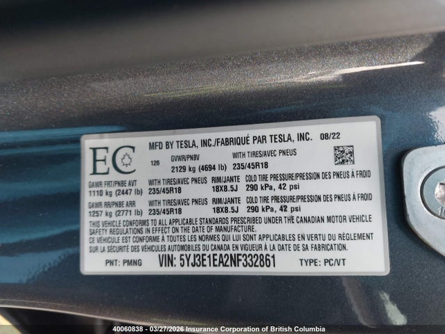 Продажа на аукционе авто 2022 Tesla Model 3, vin: 5YJ3E1EA2NF332861, номер лота: 40060838