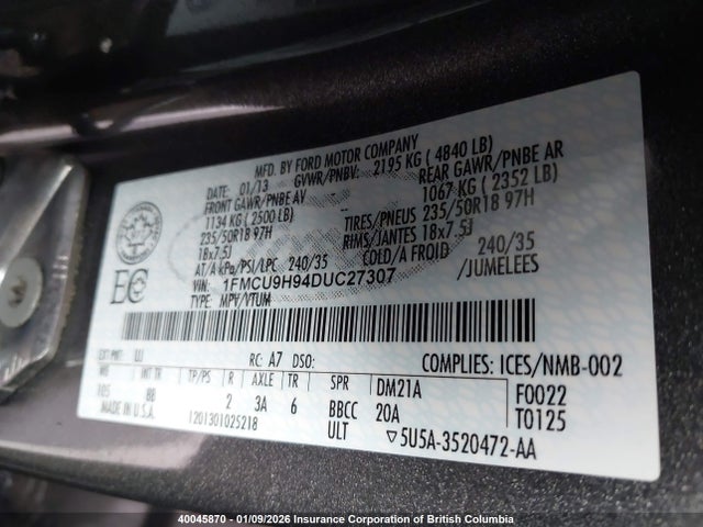 40045870 :رقم المزاد ، 1FMCU9H94DUC27307 vin ، 2013 Ford Escape Sel مزاد بيع