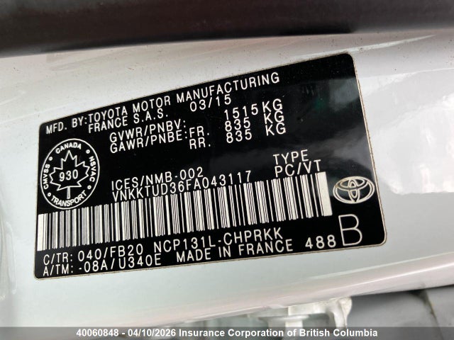 2015 Toyota Yaris მანქანა იყიდება აუქციონზე, vin: VNKKTUD36FA043117, აუქციონის ნომერი: 40060848