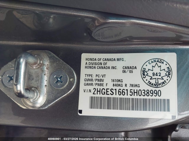 Aukcja sprzedaży 2005 Honda Civic, vin: 2HGES16615H038990, numer aukcji: 40060861