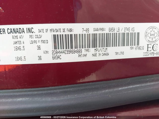 40060869 :رقم المزاد ، 2D8HN44E99R684889 vin ، 2009 Dodge Grand Caravan Se مزاد بيع