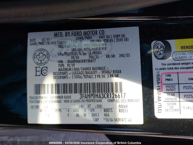 Продаж на аукціоні авто 2012 Ford Fusion Se, vin: 3FAHP0HA3CR126617, номер лоту: 40060880