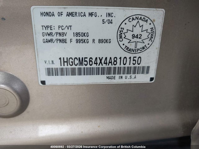 2004 Honda Accord Lx-g მანქანა იყიდება აუქციონზე, vin: 1HGCM564X4A810150, აუქციონის ნომერი: 40060892