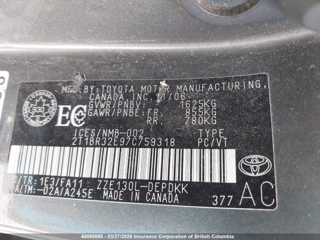 40060895 :رقم المزاد ، 2T1BR32E97C759318 vin ، 2007 Toyota Corolla Ce/le/s مزاد بيع