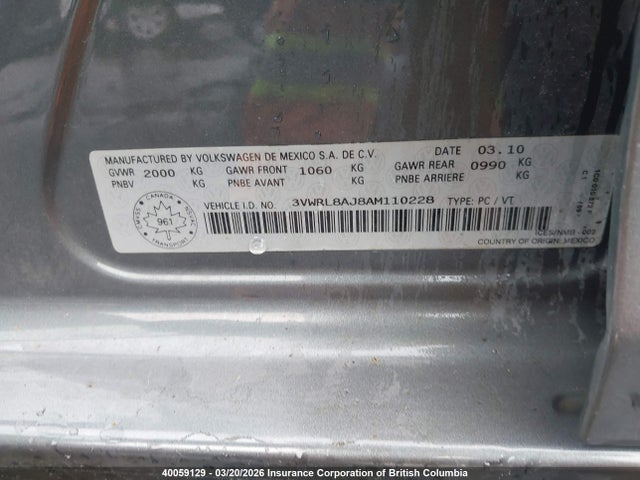 Продажа на аукционе авто 2010 Volkswagen Jetta Tdi, vin: 3VWRL8AJ8AM110228, номер лота: 40059129