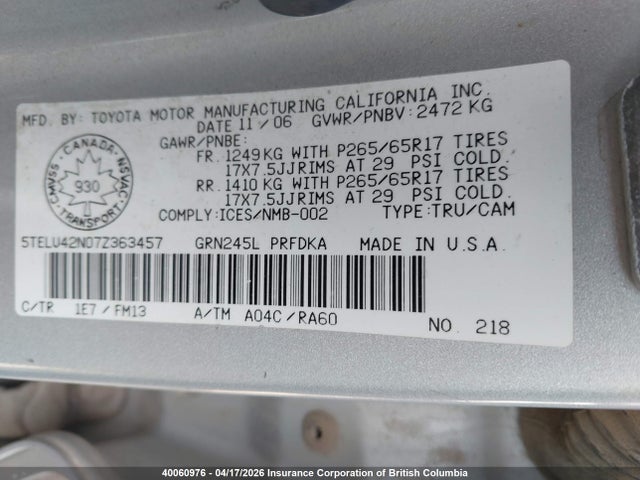 2007 Toyota Tacoma Double Cab მანქანა იყიდება აუქციონზე, vin: 5TELU42N07Z363457, აუქციონის ნომერი: 40060976