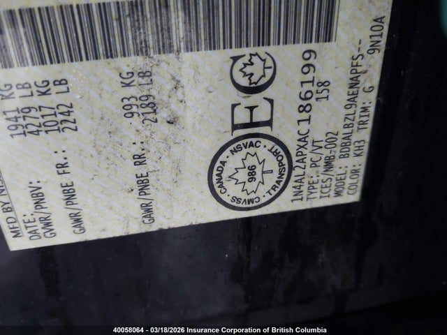 40058064 :رقم المزاد ، 1N4AL2APXAC186199 vin ، 2010 Nissan Altima S مزاد بيع