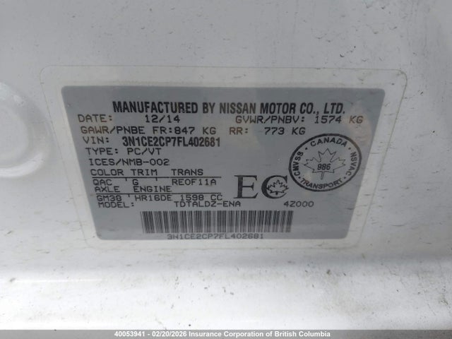 3N1CE2CP7FL402681 Nissan Versa Note S/s Plus/sv/sl/sr
