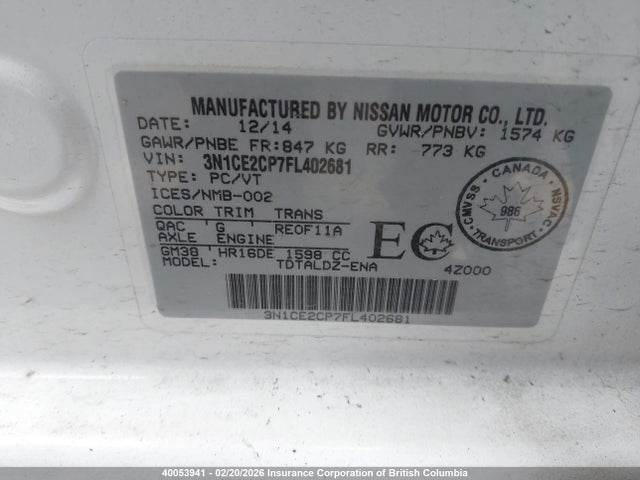 3N1CE2CP7FL402681 Nissan Versa Note S/s Plus/sv/sl/sr