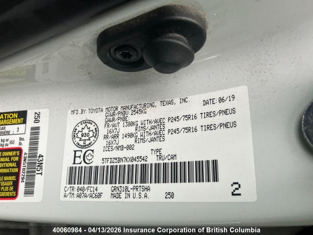 5TFDZ5BN7KX045542 Toyota Tacoma Double Cab/sr5/trd Sport/trd Off Road