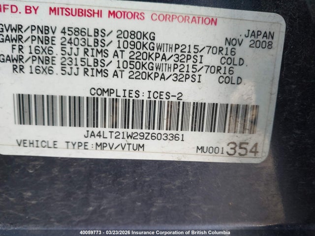 40059773 :رقم المزاد ، JA4LT21W29Z603361 vin ، 2009 Mitsubishi Outlander Es مزاد بيع