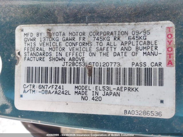40060999 :رقم المزاد ، JT2BC53L6T0120773 vin ، 1996 Toyota Tercel Dx مزاد بيع