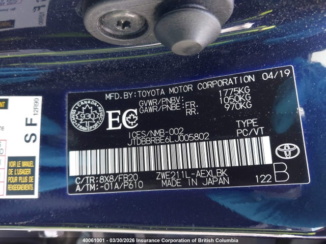 Aukcja sprzedaży 2020 Toyota Corolla Hybrid, vin: JTDBBRBE6LJ005802, numer aukcji: 40061001