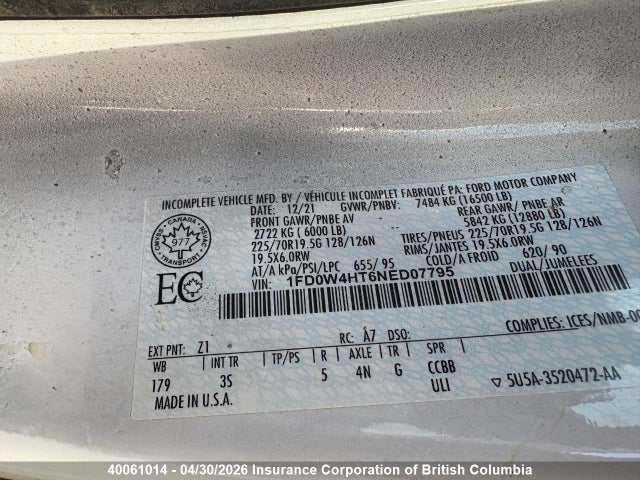 2022 Ford F450 Super Duty მანქანა იყიდება აუქციონზე, vin: 1FDOW4HT6NED07795, აუქციონის ნომერი: 40061014