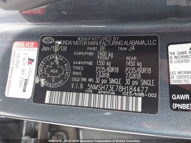 Aukcja sprzedaży 2008 Hyundai Santa Fe Se/limited, vin: 5NMSH73E78H184477, numer aukcji: 40061019