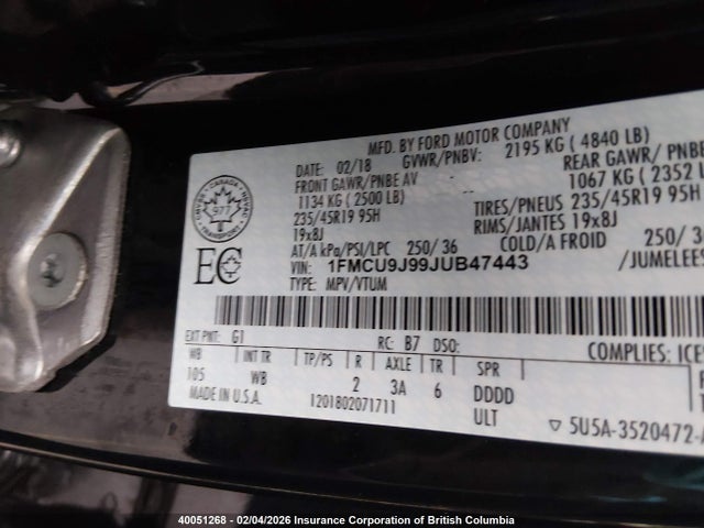 Aukcja sprzedaży 2018 Ford Escape Titanium, vin: 1FMCU9J99JUB47443, numer aukcji: 40051268