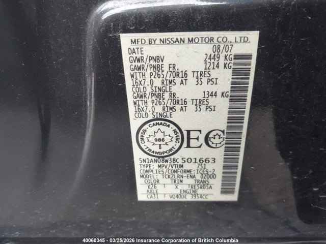 2008 Nissan Xterra Off Road/s/se მანქანა იყიდება აუქციონზე, vin: 5N1AN08W38C501663, აუქციონის ნომერი: 40060345