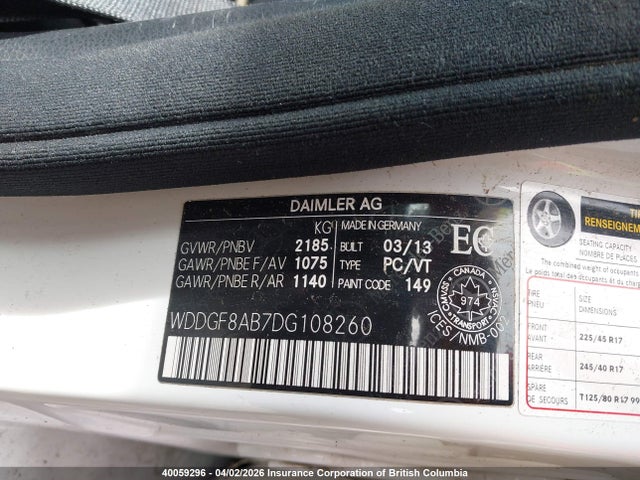 40059296 :رقم المزاد ، WDDGF8AB7DG108260 vin ، 2013 Mercedes-benz C 300 4matic مزاد بيع