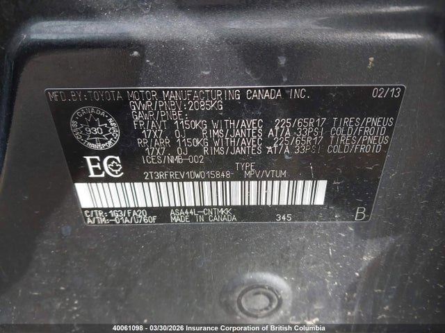 40061098 :رقم المزاد ، 2T3RFREV1DW015848 vin ، 2013 Toyota Rav4 مزاد بيع
