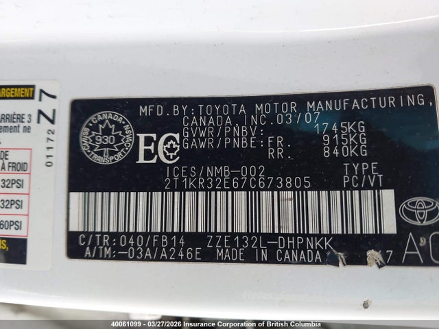40061099 :رقم المزاد ، 2T1KR32E67C673805 vin ، 2007 Toyota Corolla Matrix Xr مزاد بيع