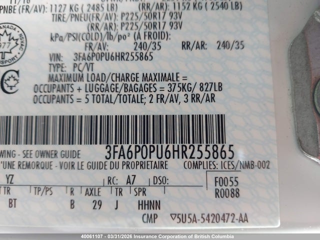 Aukcja sprzedaży 2017 Ford Fusion Energi Se Luxury, vin: 3FA6P0PU6HR255865, numer aukcji: 40061107
