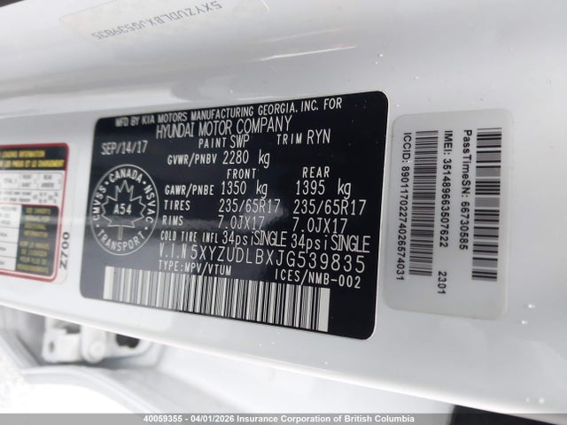 5XYZUDLBXJG539835 Hyundai SANTA FE SPORT