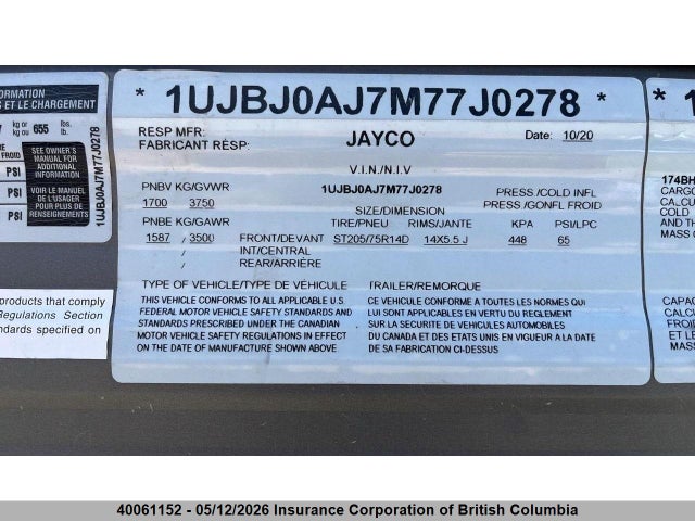 1UJBJ0AJ7M77J0278 Jayco Jayco