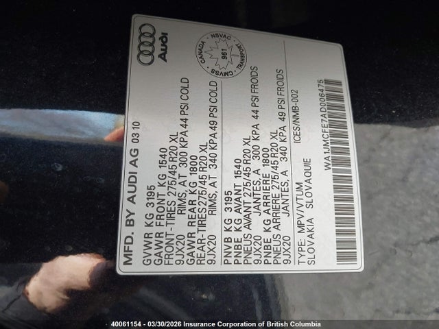 40061154 :رقم المزاد ، WA1JMCFE7AD006475 vin ، 2010 Audi Q7 مزاد بيع