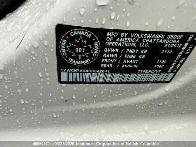 Продажа на аукционе авто 2012 Volkswagen Passat Sel, vin: 1VWCN7A34CC042641, номер лота: 40061171