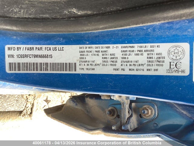 Продажа на аукционе авто 2021 Ram Ram, vin: 1C6SRFCT9MN666815, номер лота: 40061178