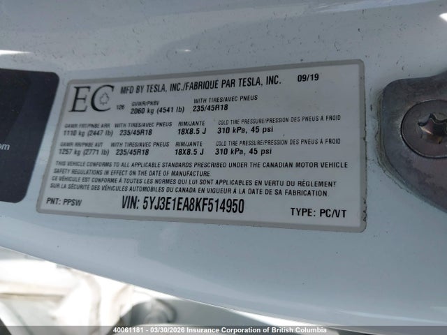 Aukcja sprzedaży 2019 Tesla Model 3, vin: 5YJ3E1EA8KF514950, numer aukcji: 40061181