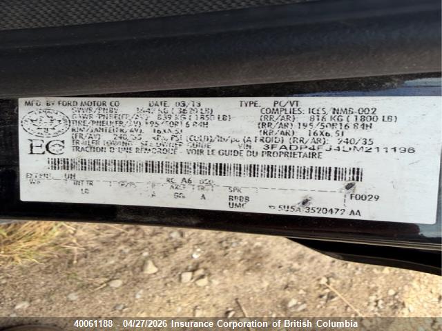 40061188 :رقم المزاد ، 3FADP4FJ4DM211196 vin ، 2013 Ford Fiesta Titanium مزاد بيع