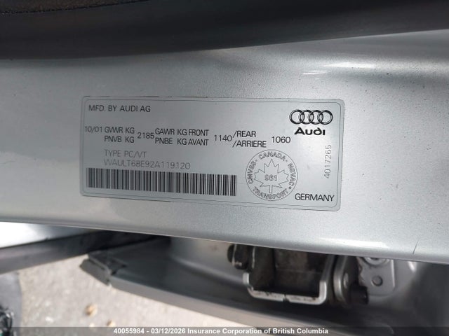 Aukcja sprzedaży 2002 Audi A4 3.0 Quattro, vin: WAULT68E92A119120, numer aukcji: 40055984
