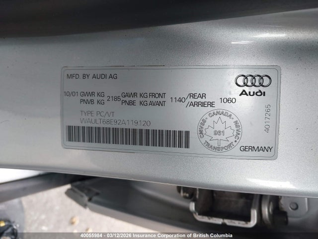 Aukcja sprzedaży 2002 Audi A4 3.0 Quattro, vin: WAULT68E92A119120, numer aukcji: 40055984