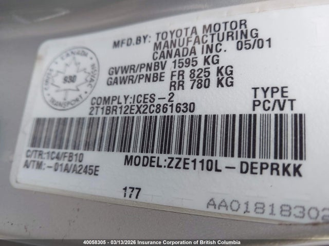 Aukcja sprzedaży 2002 Toyota Corolla Ce/le/s, vin: 2T1BR12EX2C861630, numer aukcji: 40058305