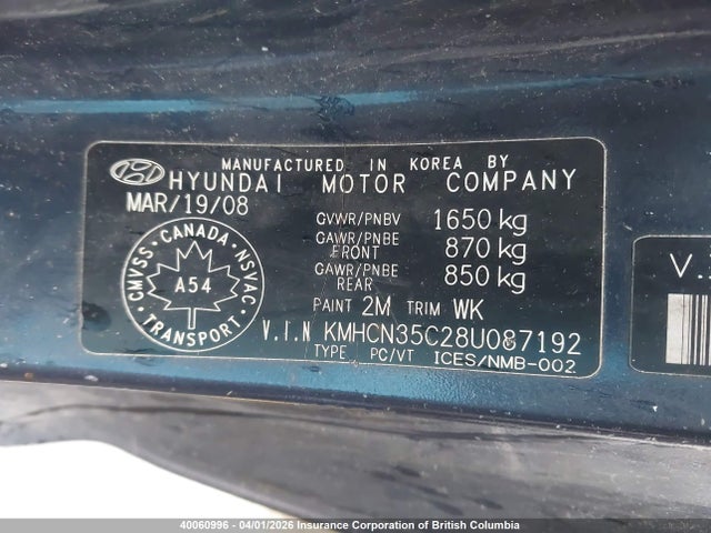 40060996 :رقم المزاد ، KMHCN35C28U087192 vin ، 2008 Hyundai Accent Gs مزاد بيع